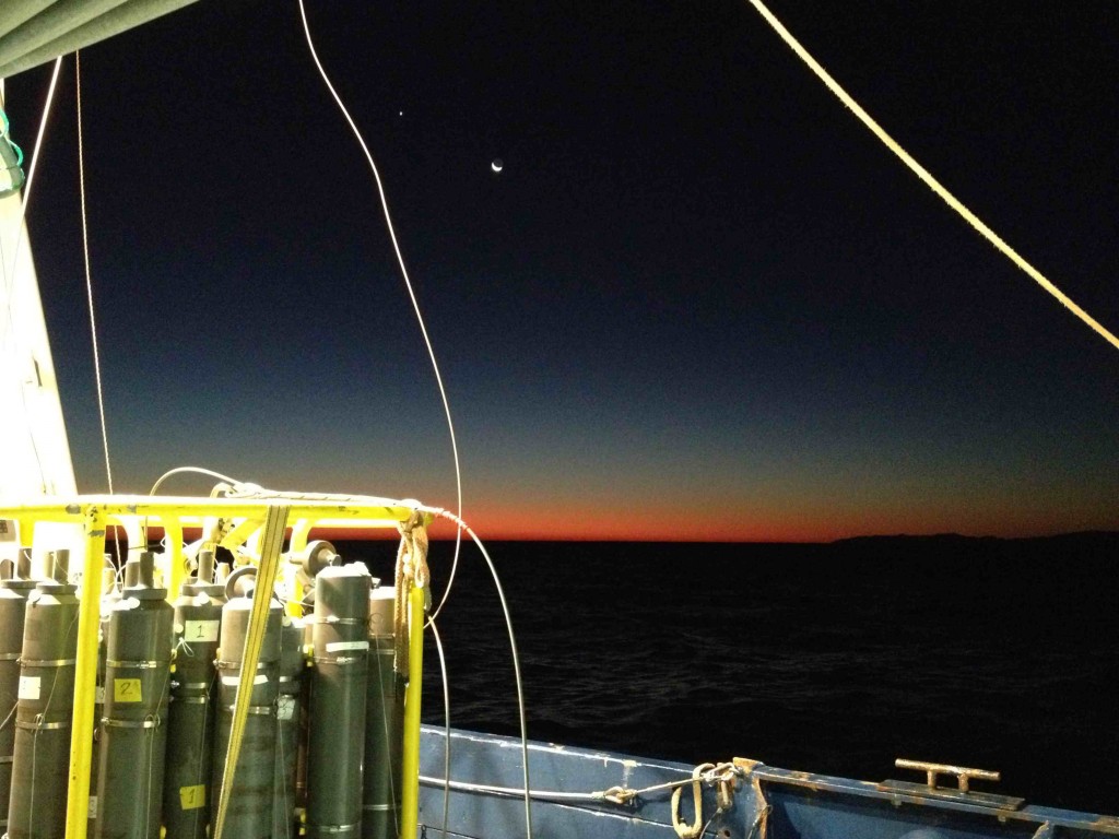 The moon, Venus, and CTD at sunrise. Catalina Island in the background