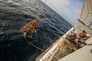 Recovering sediment with the Multi-corer. This device allows us to bring up 8 tubes of sediment (mostly mud) from the seabed. Sediments accumulate on the sea floor in each year in layers, so the longer the core we recover, the further back in time we can study. Photo credit to Robyn Von Swank, instagram: @vonswank.