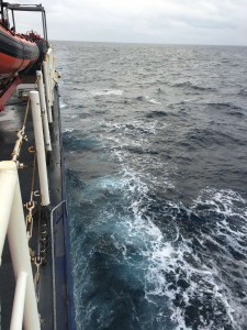 Waves breaking on the side of the ship create small droplets of salt, water and biological material called aerosols. Photo by Lauren Frisch. 